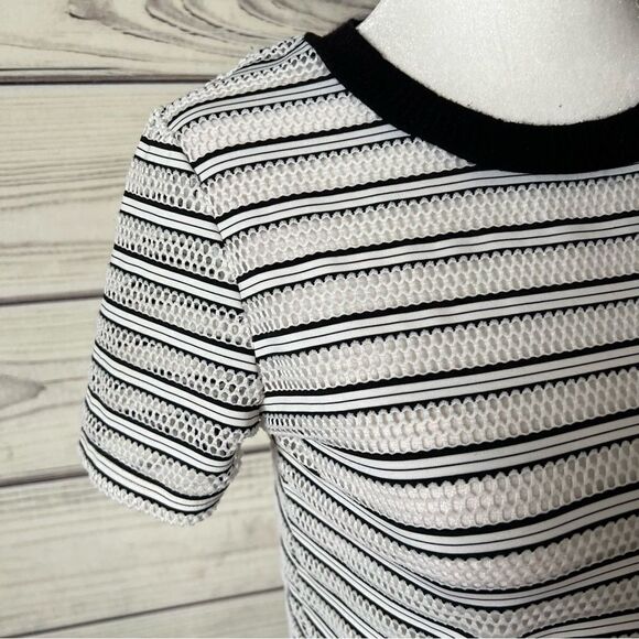 Forever 21 Black & White Striped Mesh Short Sleeve Crop Top - Picture 2 of 6
